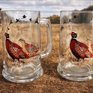 2 VTG Libby Beer Drinking Glasses Mugs Collectors Pheasants Game  Hunting NIB
