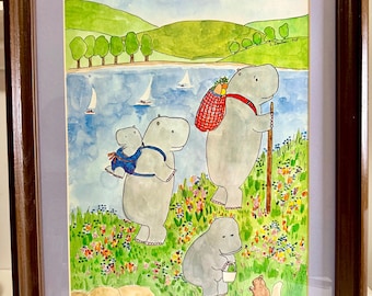 Lithographie encadrée vintage de 1978 de Susan Gantner représentant des hippopotames en randonnée, idéale pour décorer une chambre d'enfant.