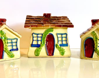 Vintage Shawnee Pottery Cottage House overdekte suikerpot en zoutpeperstel VS