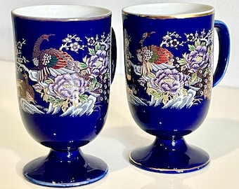 VTG Japanse koffie-/theemok YChina kobaltblauwe pauwontwerpset van 2