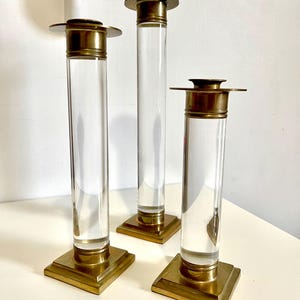 Vintage Retro Mid Century Modern Set Of 3 Lucite Brass Candlestick Holders  8” 10” 12”