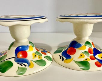 2 VTG Tsjechoslowakije handgeschilderde volkskunst kandelaars paar 4,5"