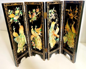 VTG Aziatische zwarte lak parelmoer kamerscherm pauw 14 x 18 decor