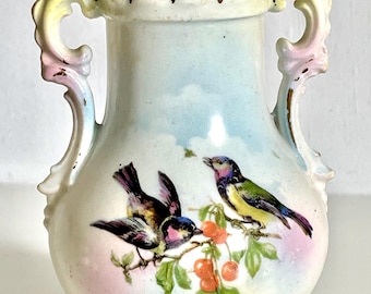 Antieke Tsjecho-Slowakije vogelvaas pastel ombre porselein dubbel handvat kan