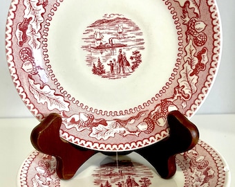 Vintage Memory Lane Rode Transferware Saus Bessen Kommen Set 4 Eiken Eikel Stoomboten