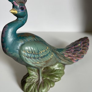 Vintage Peacock Figurine California Pottery Multicolor Bird Decor MCM Grannycore