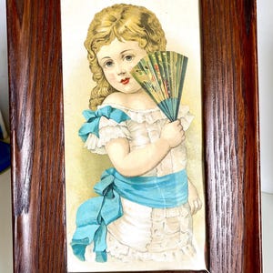 Vintage Victorian Blonde Girl White Dress Blue Bows With Fan 9x14 Framed Print