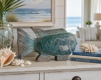 Vintage Hand-Carved Wooden  Fish Folk Art Pink Blue Boho Pastel Beach Nautical 9"