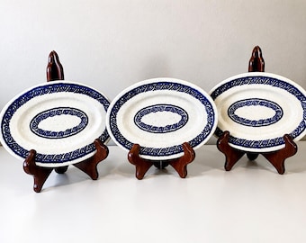 Vintage Buffalo China Blue Scroll ovale Relish gerechten Set van 3 Restaurant Ware VS aardewerk