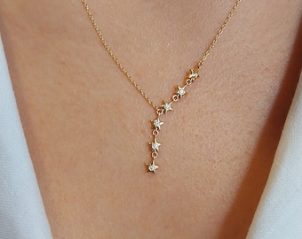 14k Gold Six Star Dainty Necklace | 18k Gold Diamond Star Charm Necklace | Genuine Gold Star Necklace | Star Charm Necklace in 14k Gold