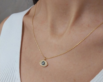 14k Gold Diamond Evil Eye Necklace | 18k Gold Good Luck Charm | Blue Diamond Charm Necklace | Luxury Jewelry