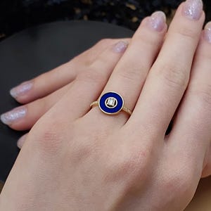 14K Gold Navy Blue Enamel Ring with Baguette Diamond | Minimalist Navy Blue Enamel Jewelry l 18K Gold Ring For Women | Modern Jewelry