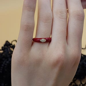 14K Gold Red Enamel Ring with Diamonds | Elegant Perfect Gift for Mother | 18K Gold Diamond Classic Ring | Timeless & Sophisticated