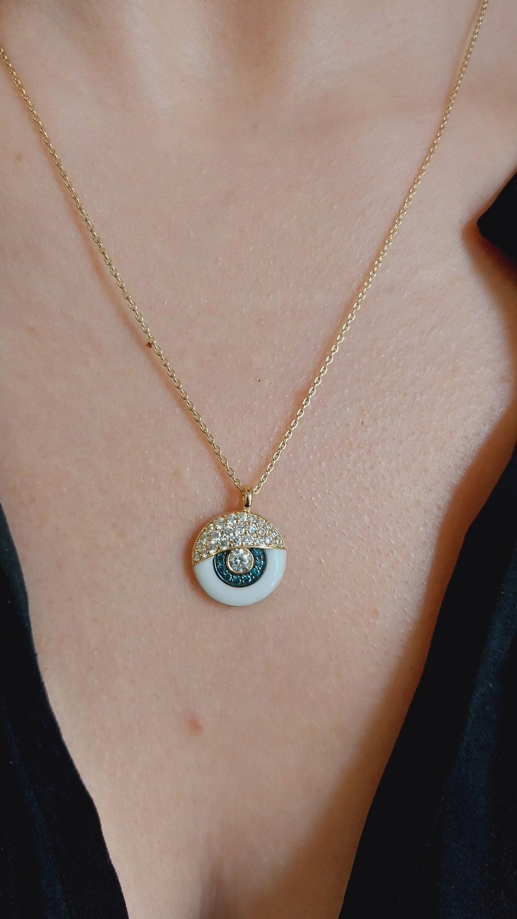 Dainty Gold Evil Eye Necklace in Blue and White Diamond | Timeless Good Luck Necklace in Gold and Diamond