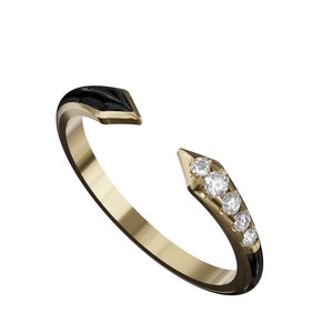 14K Gold Diamond Open-End Enamel Promise Ring | Dainty Five Diamonds Anniversary Ring | Timeless Sparkle for Special Moments