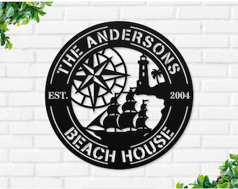 Nautical Metal Monogram Name Sign, Custom Nautical Sail Boat Sign, Lighthouse Decor, Nautical Decor, Beach House Decor, Address Sign Gift