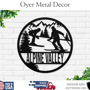 Personalized Snow Skiing Sign, Custom Ski Lodge Decor, Snow Skiing Gift, Skiing Monogram, Skiing Metal Art, Ski Lover Gift, Ski Home Decor