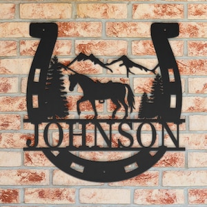 May include: Black metal horseshoe silhouette with a horse and mountain scene inside. The name "JOHNSON" is written below the horseshoe.
