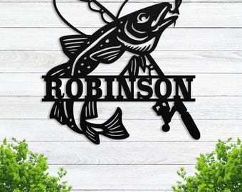 Personalized Fishing Metal Sign, Gift for Dad, Custom Fish Name Monogram Sign, Outdoor Fishing Sign, Fishing Gift for Men, Fisherman Gift