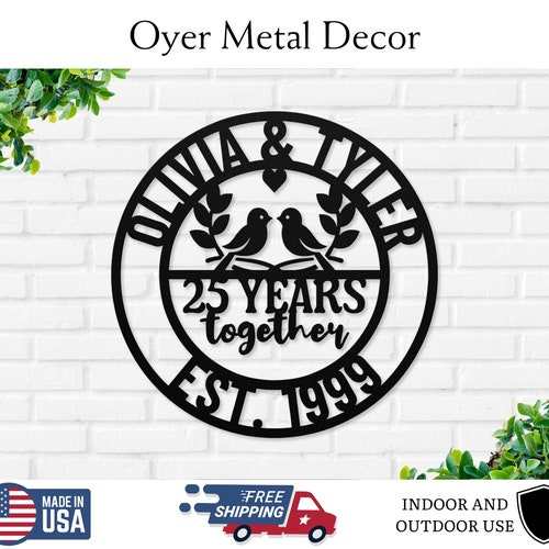 Personalized 25th Wedding Anniversary Lovebirds Metal Wall Art Custom Wedding 25 Year Anniversary Sign for Parents, 25th Anniversary Gift