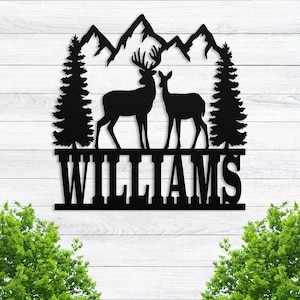Personalized Buck and Deer Metal Cabin Sign, Outdoor Hunting Gift, Custom Deer Hunter Metal Sign, Custom Family Name Sign, Cabin Decor Gift