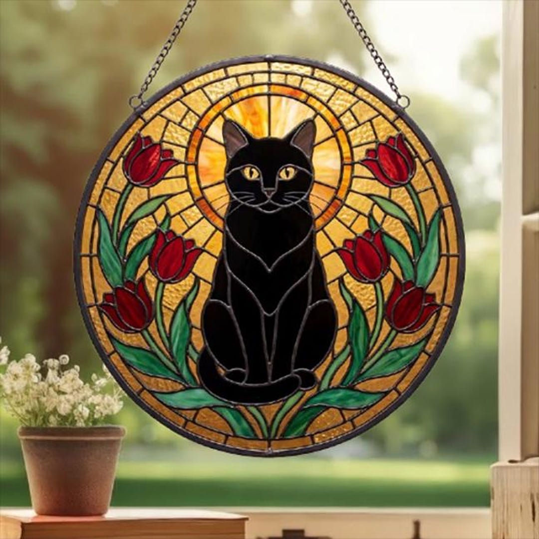 Black Domestic Shorthair Cat Stained Glass Suncatcher With Red Flowers ...