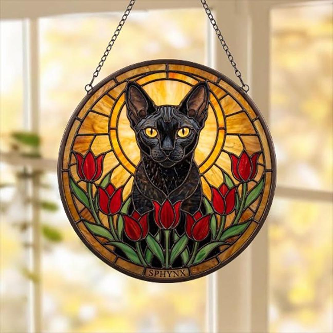 Custom Black Sphynx Cat Stained Glass Suncatcher With Red Flowers ...