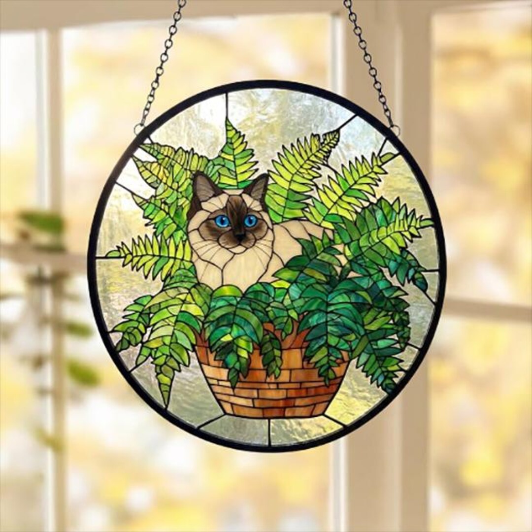 Custom Ragdoll Cat Sitting on Potted Fern Stained Glass Cat Suncatcher ...