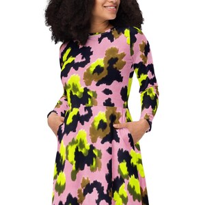 pink and green leopard print dress Green Leopard Print Bubble Sleeve Slit Neck Ruffled Dress HannaBanna Clothing