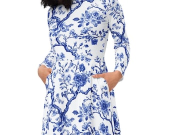 White and Navy Blue French Prints Cotton Midi Dress - Etsy White and Navy Blue French Prints Cotton Midi Dress - Etsy