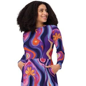 Retro Long Sleeve Midi Dress | Groovy Vintage-Inspired Print | 70's Psychedelic Vibes  | Psychedelic Midi Dress | 70s Retro