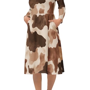 Brown Cow Print Long Sleeve Midi Dress with Pockets – All Over Print Casual Dress for Women – Soft Stretchy Farmcore Outfit