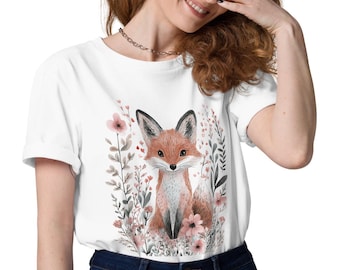 Floral Fox Botanical Nature Unisex Organic Cotton T-shirt |Cute Vintage Flower Fox Shirt | Woodland Lover Gift for Her |Animal Lover Shirt