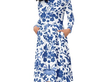 Blue Floral Midi Dress: Vintage Print Long Sleeve Cottagecore Dress