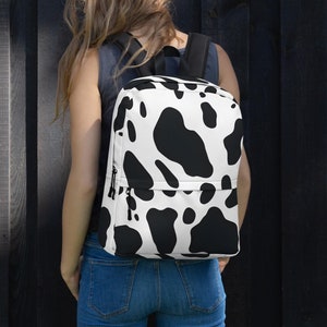 Cow Print Backpack, Stylish Black and White Backpack, Vegan-Friendly Bag, Trendy Animal Print Backpack, Cute Farm-Themed School Bag