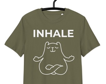 Funny Inhale Zen Organic Cotton T-Shirt, Funny Cat Yoga Meditation Tee, Cat Graphic Shirt, Mindfulness Boho T-Shirt, Unisex Relaxing Apparel
