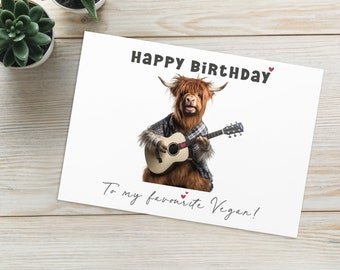 Highland Cow Playing Guitar Happy Birthday To My Favorite Vegan Card - Funny Vegan Birthday Card - Favorite Vegan Card - Vegetarian Card