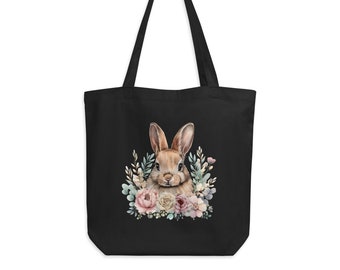 Cute Bunny with Flowers Tote - 100% Cotton Tote Bag - Rabbit With Flowers - Eco-friendly Aesthetic Shopping bag - Bunny lover Bag -Gift Idea