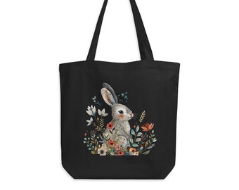 Cute rabbit Illustration with flowers - 100% Cotton Tote Bag - - Eco-friendly Aesthetic Shopping bag - Bag for life -Eco Tote Bag - y2k bag