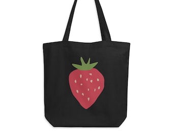 Strawberry 100% Organic Cotton Tote Bag - Strawberry Lover Tote - Gift for Vegan Vegetarian Fruit Lover -Eco Tote Bag - Reusable Grocery bag