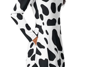 Cow Print Midi Dress with Pockets: Long Sleeve Statement Fashion