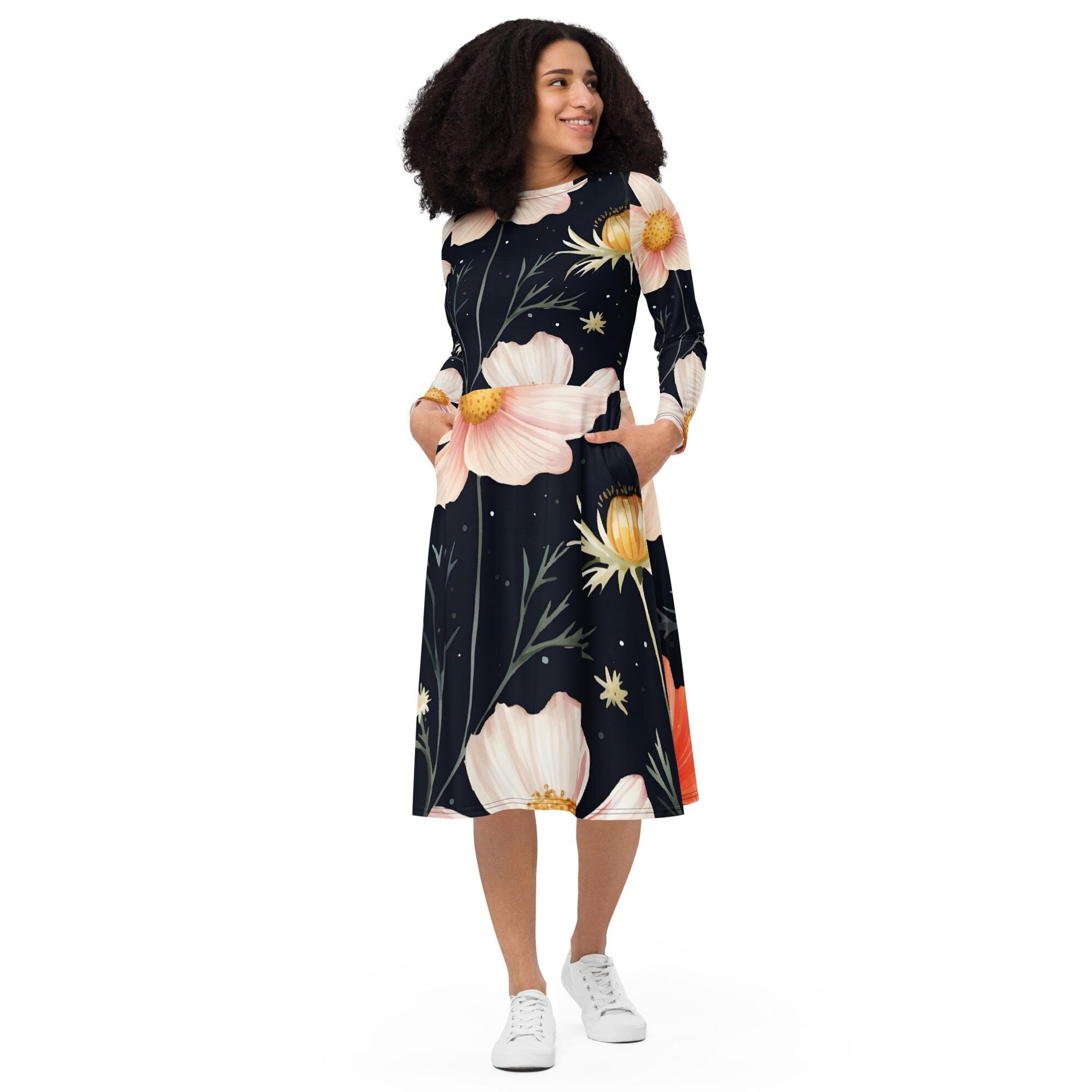 Long-sleeved Midi Black Floral Dress With Pockets - Elegant Dress With Bold  Floral Print for Women - Perfect for Fall and Special Occasions - Etsy