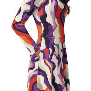 Long-Sleeved Midi Retro Dress with Pockets | Groovy Vintage-Inspired Print | 70's Psychedelic Vibes |Style for Festivals and Casual Wear