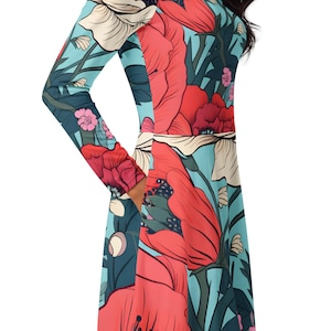 Long-Sleeved Midi Floral Dress with Pockets - Elegant Dress with Bold Floral Print for Women - Perfect for Special Occasions