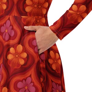 70-tals psykedelisk midiklänning | Retro långärmad A-linjeklänning | Groovy Mod-tryck | Höstfestivaloutfit | Vintage-stil boho chic kläder