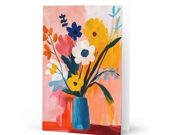 Colorful Floral Greeting Card – Blank Botanical Art Card with Vase of Flowers – Vibrant Stationery for Birthday, Thank You or Gift