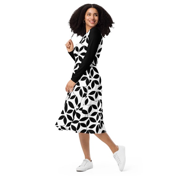 knee length dresses for ladies Svara – Blue Geometric Print Midi Dress with Tie-Up Sleeves main image 0