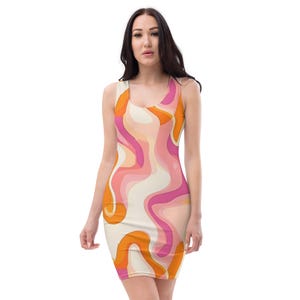 Bodycon 70s Retro Swirl Bodycon Dress - Funky Abstract Print Sleeveless Dress - Vintage Aesthetic Party Outfit - Colorful Groovy Gift Dress