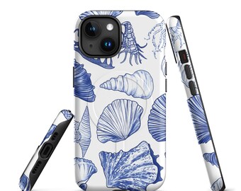 May include: A white phone case with a blue and white seashell pattern. The case has a cutout for the camera lens and a raised lip around the edges to protect the screen.