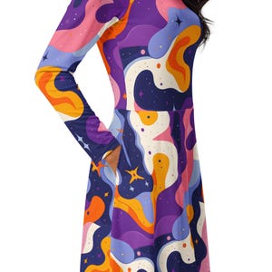 Long-Sleeved Midi Floral Dress with Pockets | Retro Groovy Vintage-Inspired Print | 70's Psychedelic Vibes | Psychedelic Midi Dress